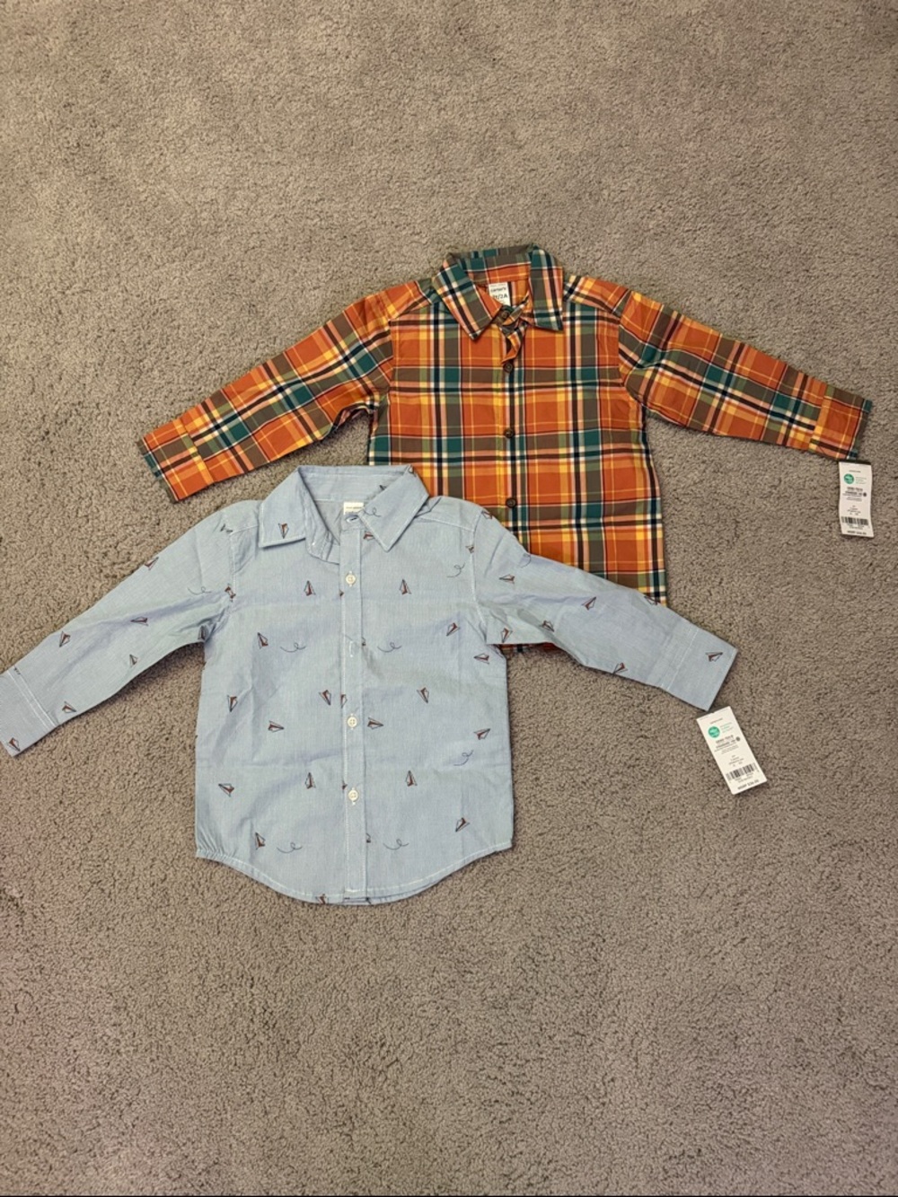TWO NWT Carter’s Long Sleeve Button Up Collared Shirts, Paper Airplanes, 2T
